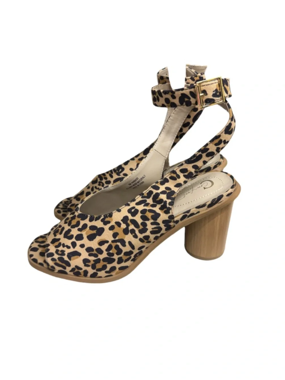 Leopard Peep Toe Block Heel Sandals Ankle Strap Size 9